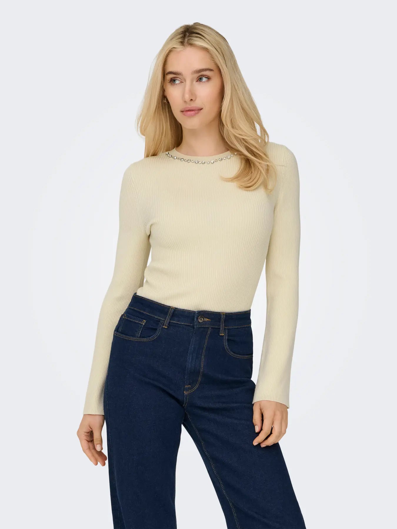 ONLY - Maglia Costine Collo Strass - PANNA