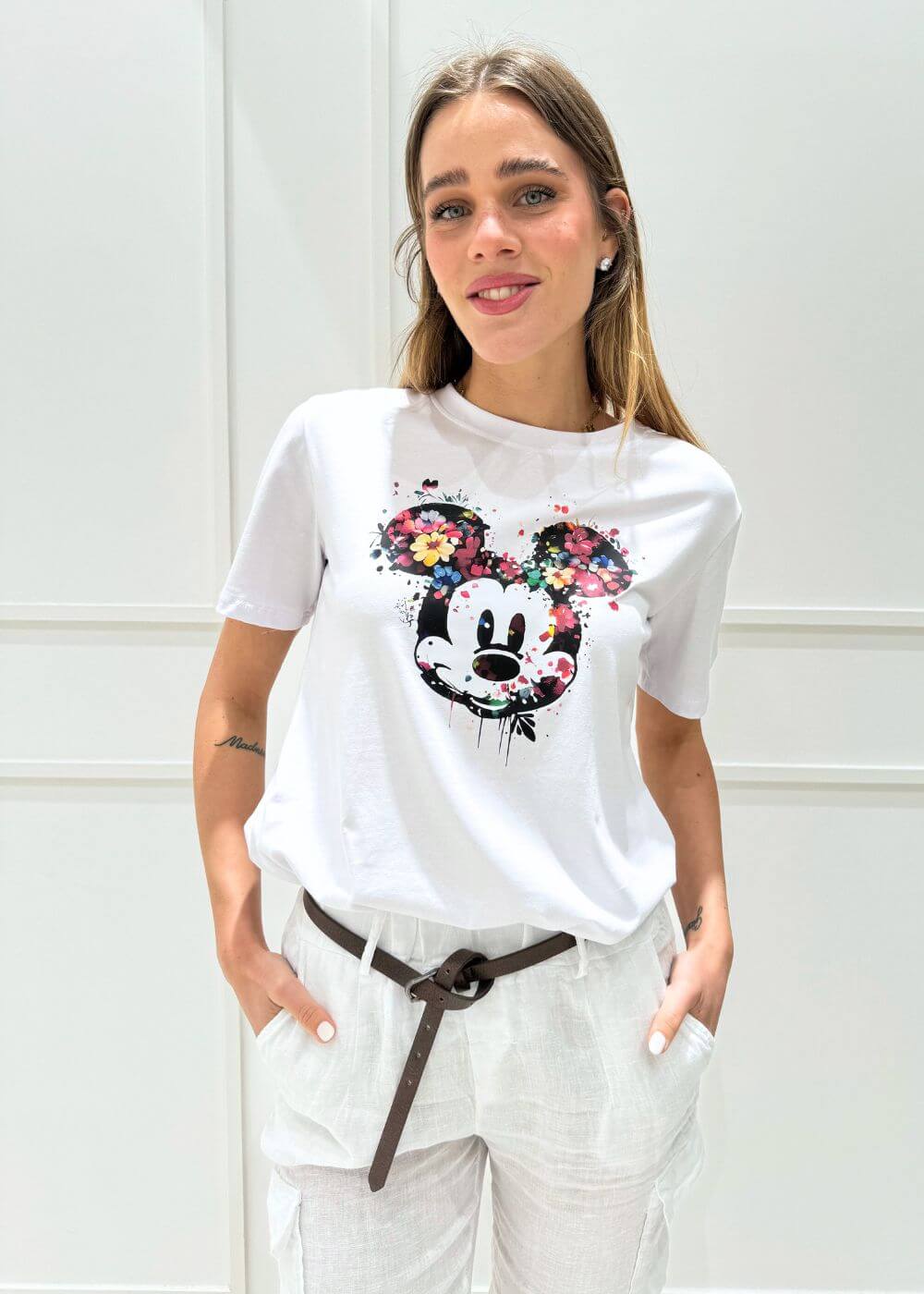 KERSO - T-Shirt Mickey Fiori - BIANCO