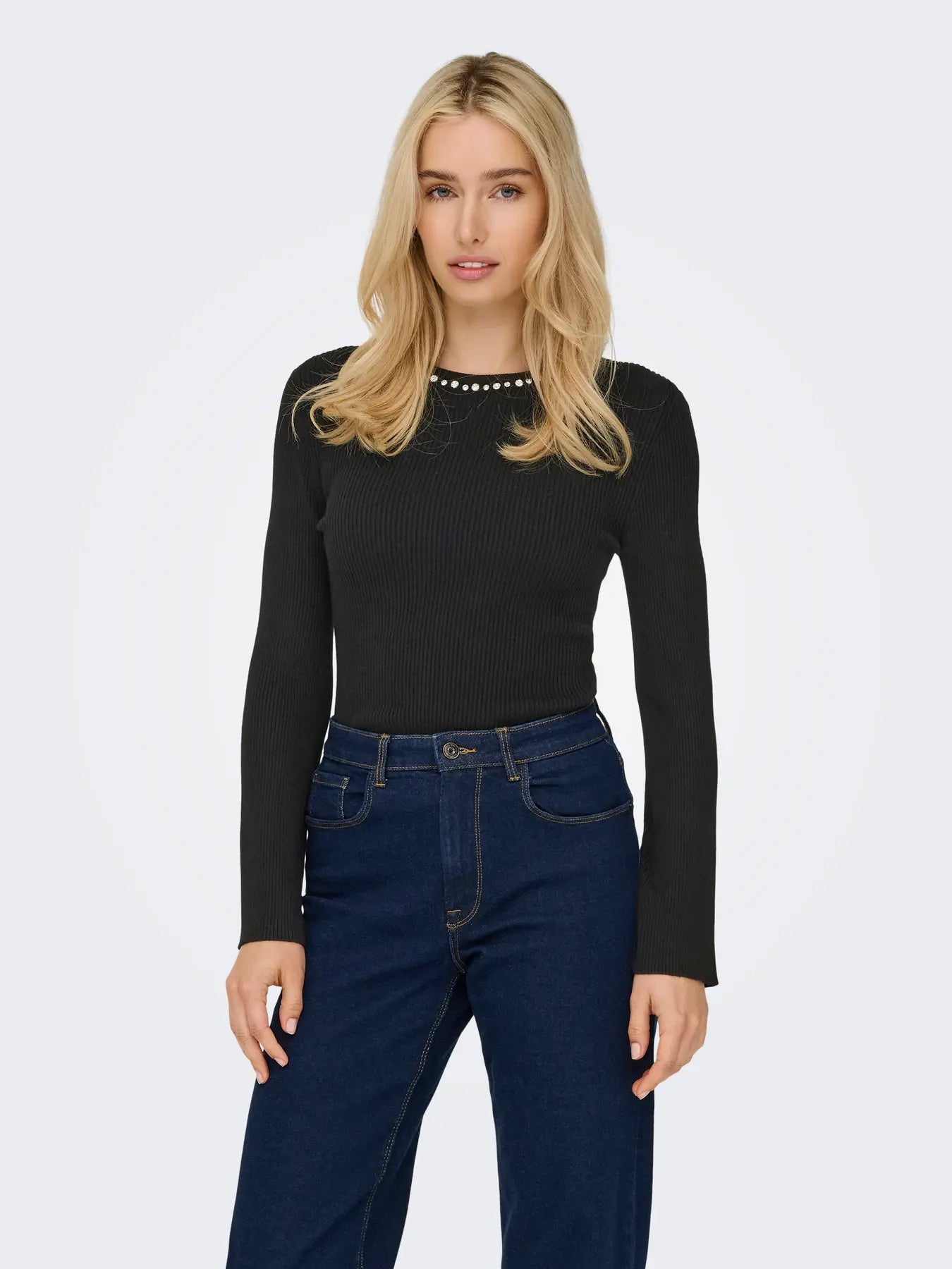 ONLY - Maglia Costine Collo Strass - NERO