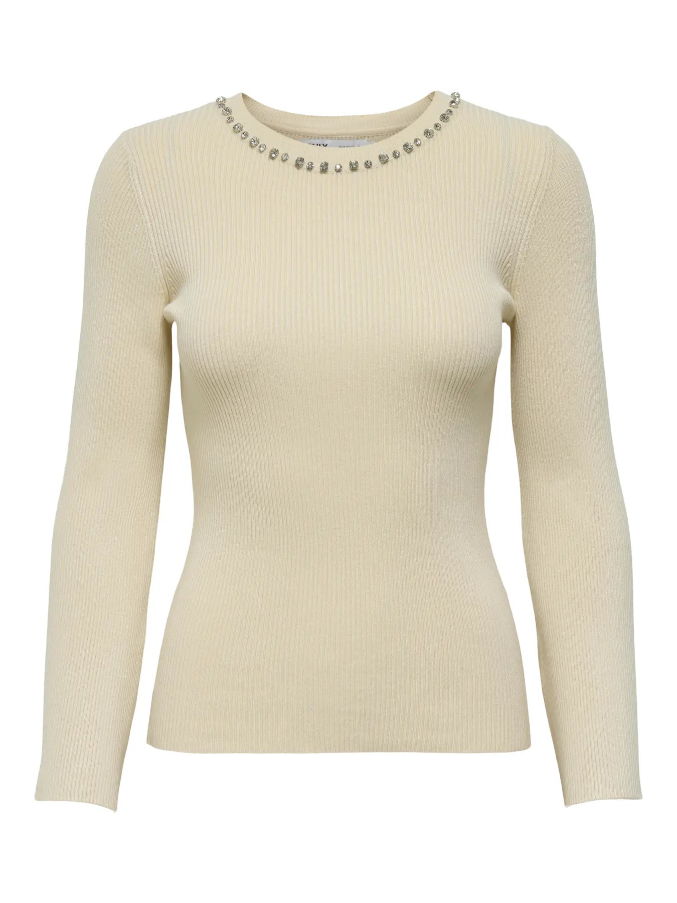 ONLY - Maglia Costine Collo Strass - PANNA
