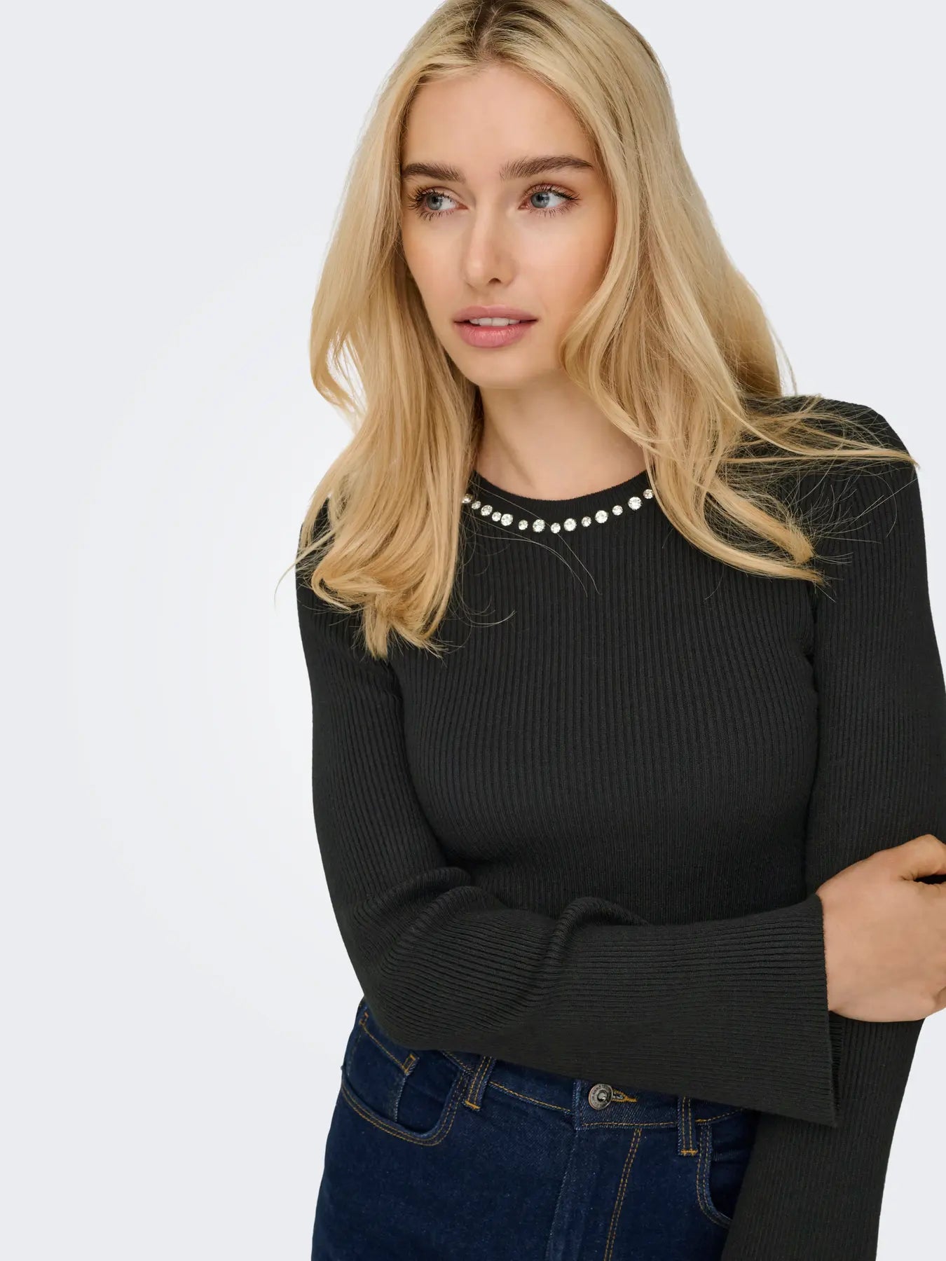 ONLY - Maglia Costine Collo Strass - NERO