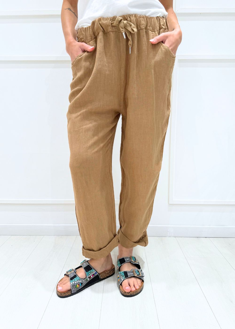 KERSO - Pantalone Lino risvolto - CAMEL