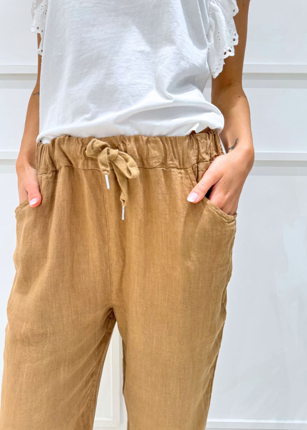 KERSO - Pantalone Lino risvolto - CAMEL