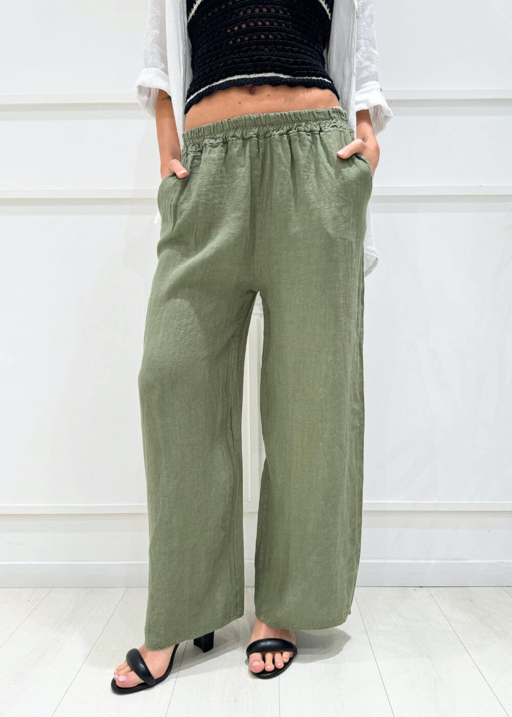 KERSO - Pantalone Lino Elastico - VERDE MILITARE