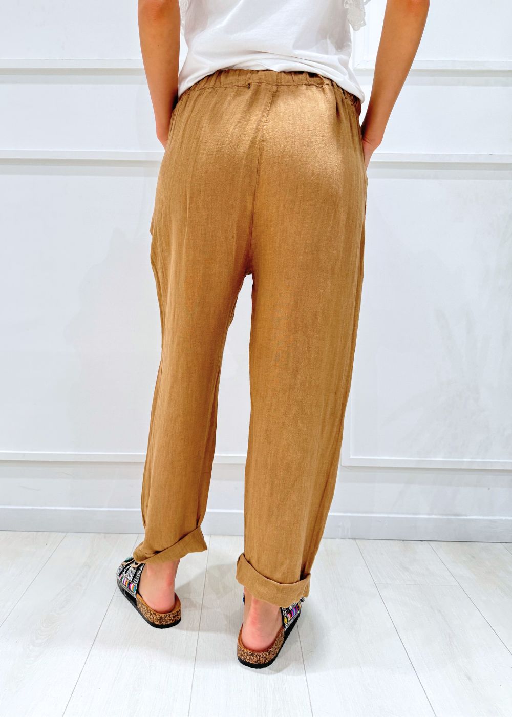 KERSO - Pantalone Lino risvolto - CAMEL