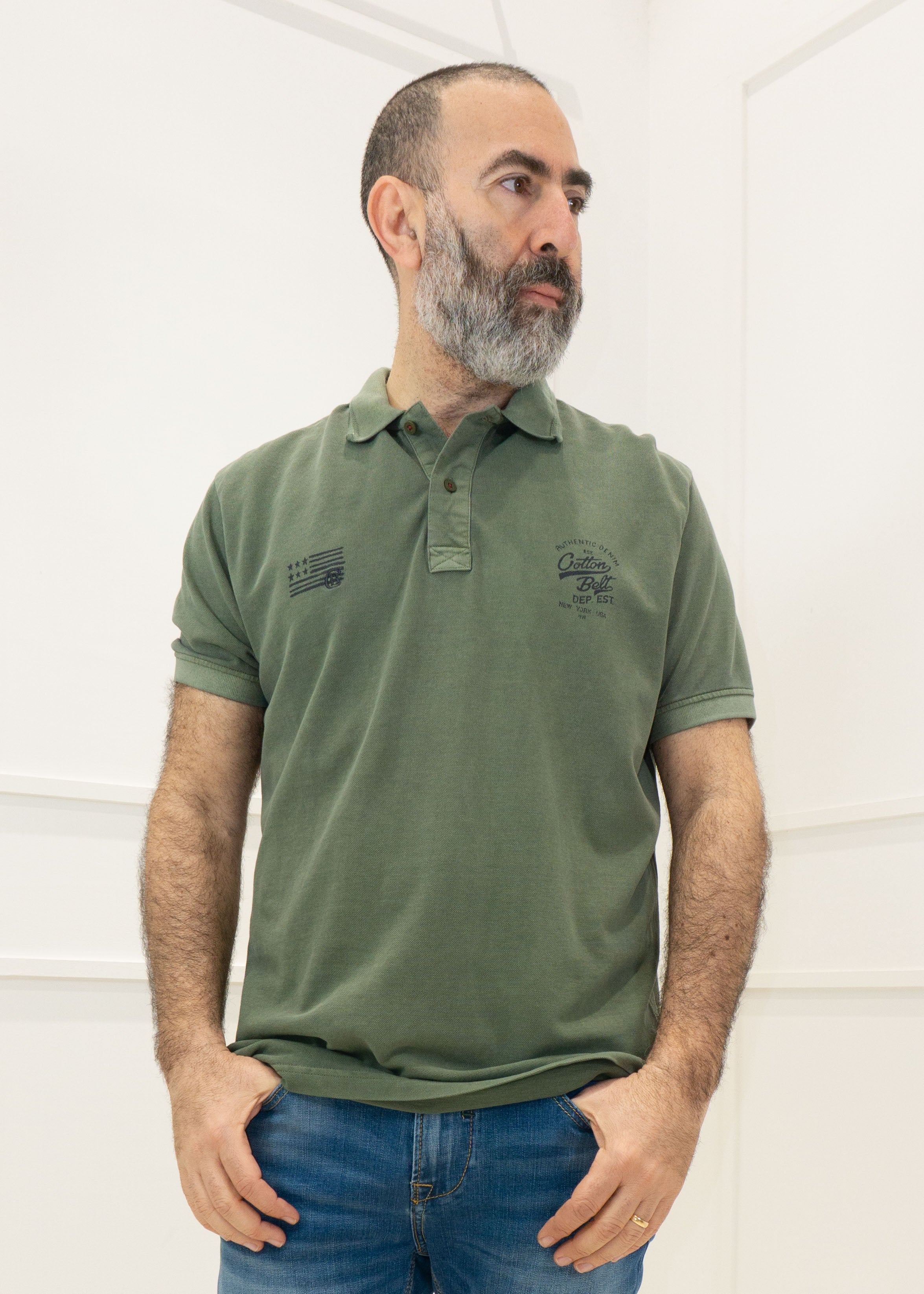 COTTON BELT - Polo m/m stone wash Cotton Belt - VERDE MILITARE