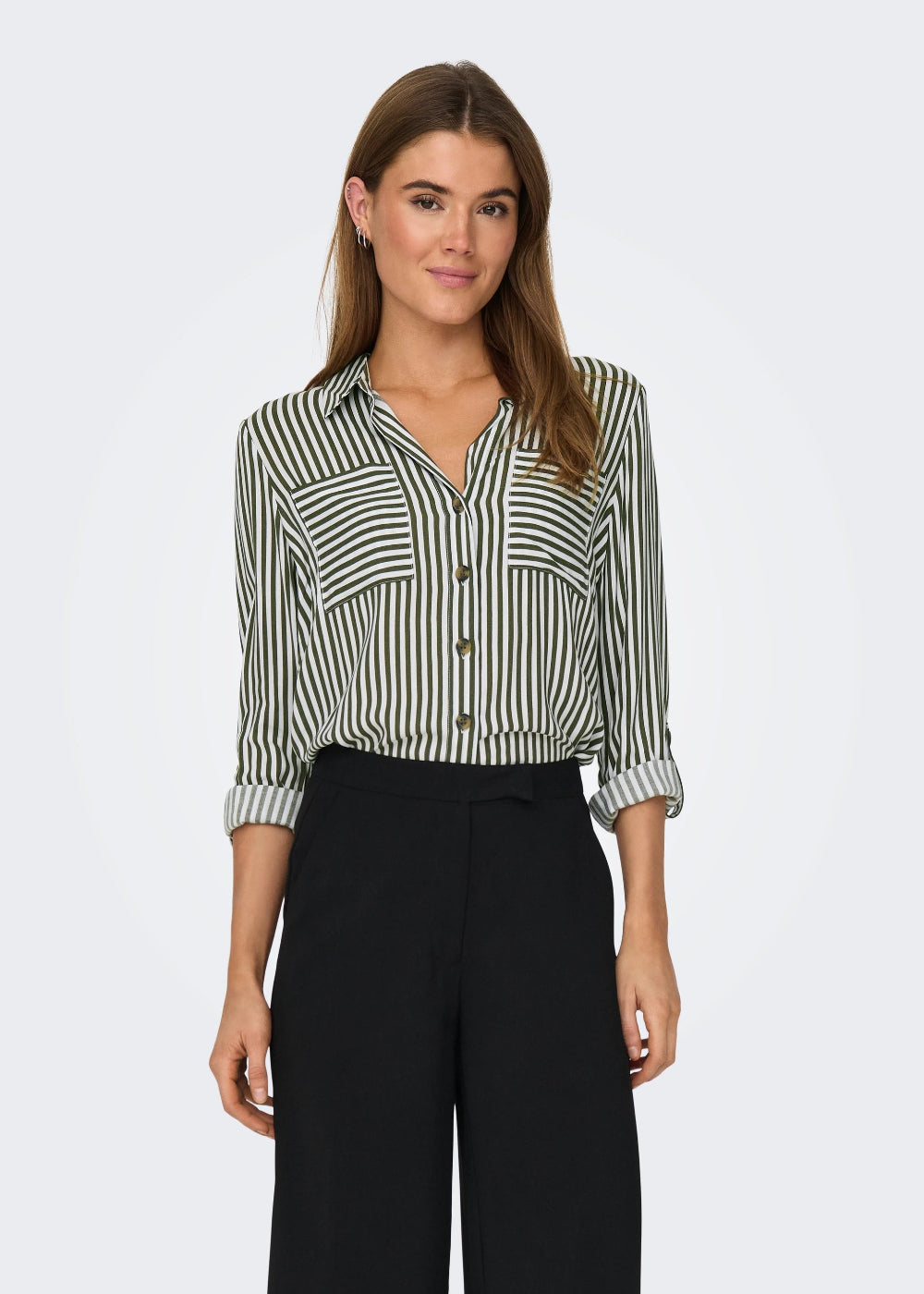 ONLY - Camicia Righe Taschini - VERDE MILITARE
