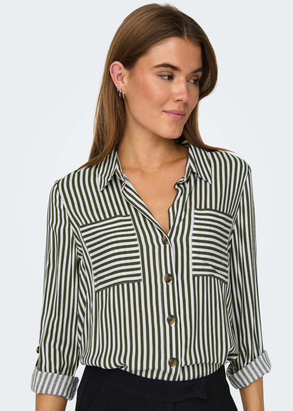 ONLY - Camicia Righe Taschini - VERDE MILITARE