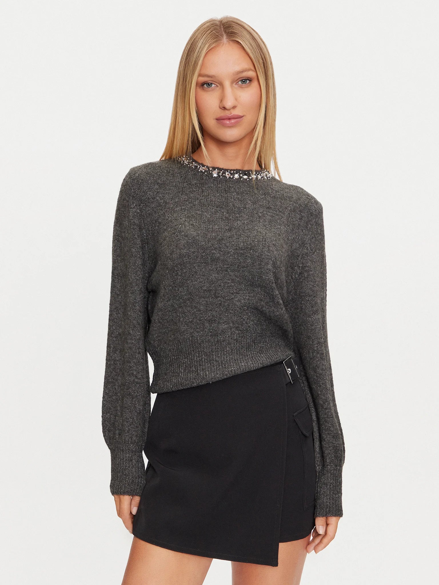 ONLY - Maglia Giro Strass - GRIGIO